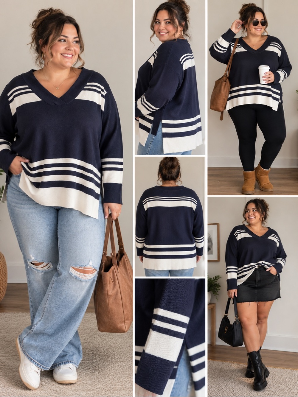Charter Club 3X Navy Cream Striped V-Neck Sweater Plus Size